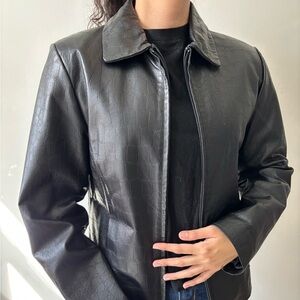 Y2K Black Biker Leather Grunge Jacket - Black Bomber Crocodile Goth Small Jacket